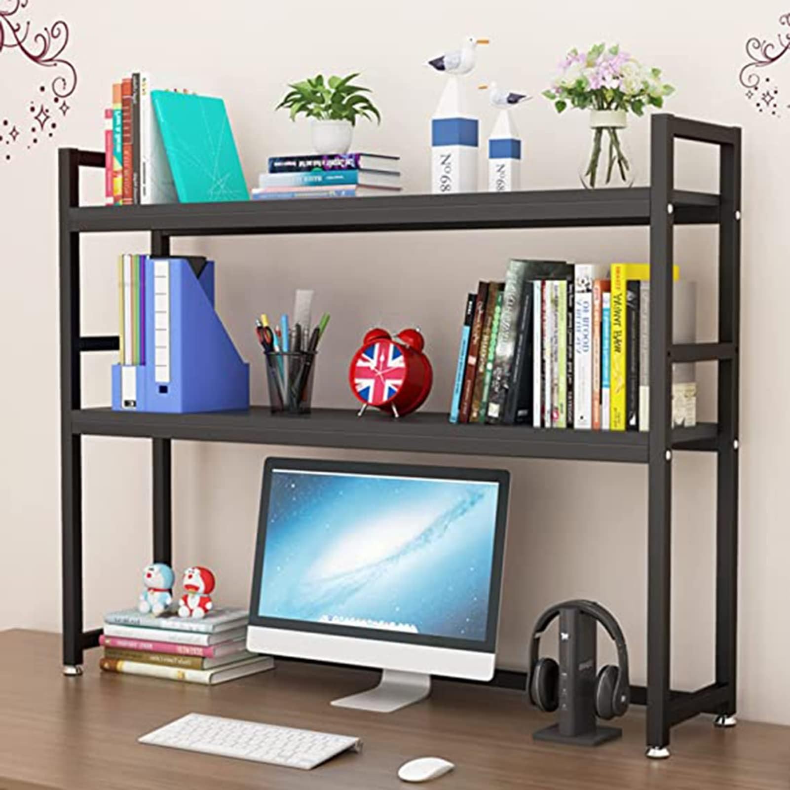 Amazon.co.jp: DIY机の本棚 - デスク上収納ラック, 調節可能な2段本棚